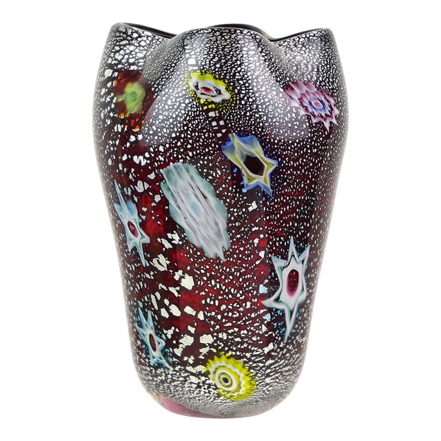Vintage Murano AVeM Red Millefiori Flowers Murrine Silver Flecks Italian Art Glass Pinched Rim Flower Vase For Sale