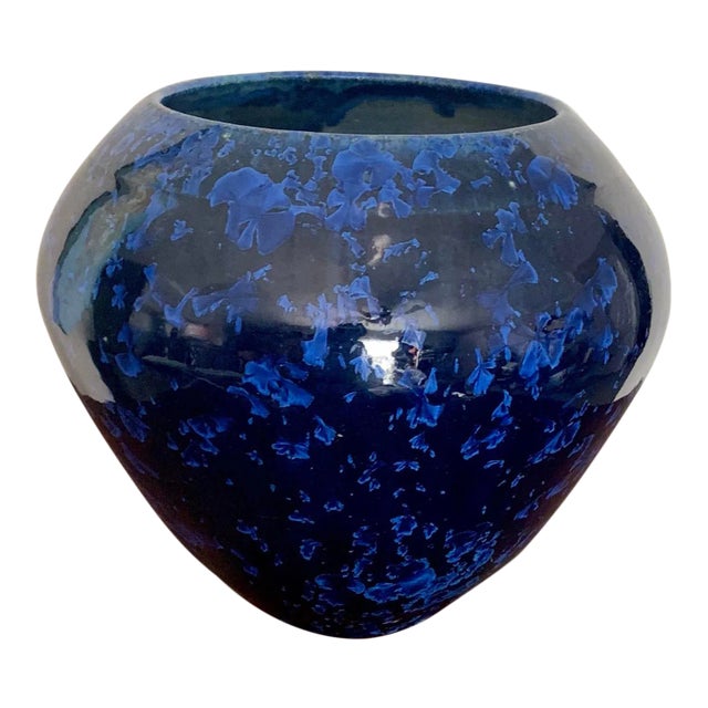 Round Studio Pottery Vase With Two Tone Vivid Blue Glaze, Artist Stamped on the Bottom For Sale