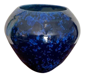 Round Studio Pottery Vase With Two Tone Vivid Blue Glaze, Artist Stamped on the Bottom