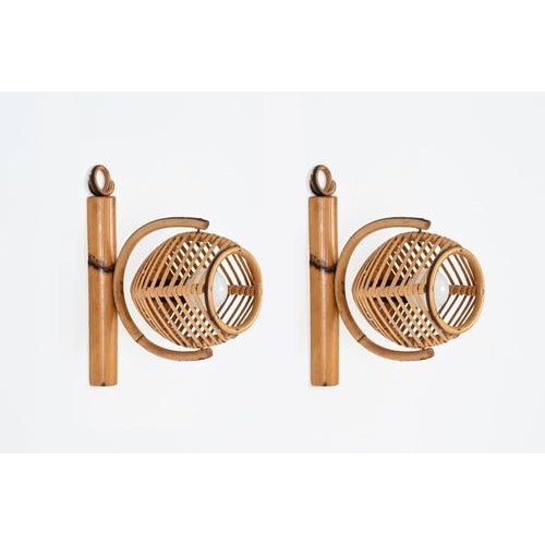 Brown French Riviera Adjustable Sconces in Rattan by Louis Sognot, 1960s, Set of 2 For Sale - Image 8 of 16