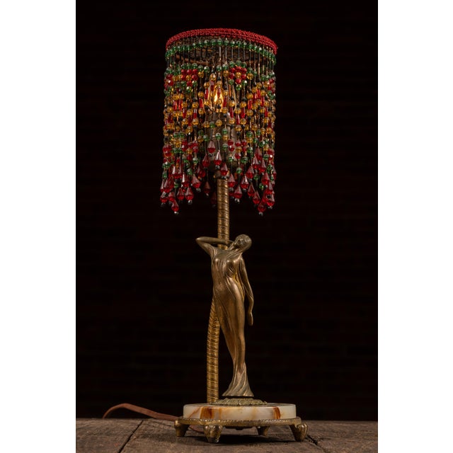 Art Deco 1920s Art Deco Figural Boudoir Lamp With Beaded Shade by Rembrandt For Sale - Image 3 of 10
