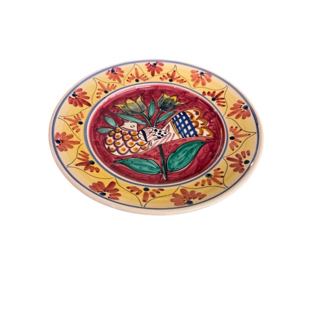 Mediterranean Vintage Hand-Painted Mediterranean Terracotta Wall Accent Plate With Bird & Tulip Motif For Sale - Image 3 of 11