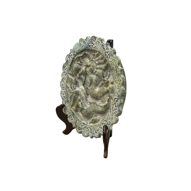 Olive Green Gray Stone Dragon Carving Round Fengshui Plaque Display Art For Sale - Image 8 of 11