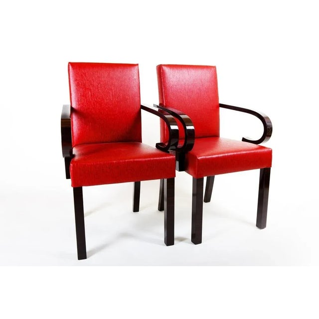 Set of Art Deco Armchairs in Macassar and Leather attributed to Dominique, France, 1920s For Sale - Image 3 of 5