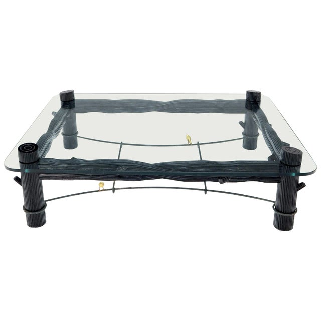 Large Oversize Thick Glass Top Rectangle Coffee Table with Singing Birds For Sale
