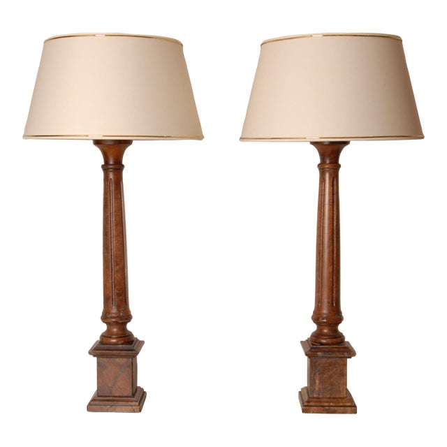 Traditional Marble Lamps Red Rouge Neoclassical Column Table Lamps - A Pair For Sale