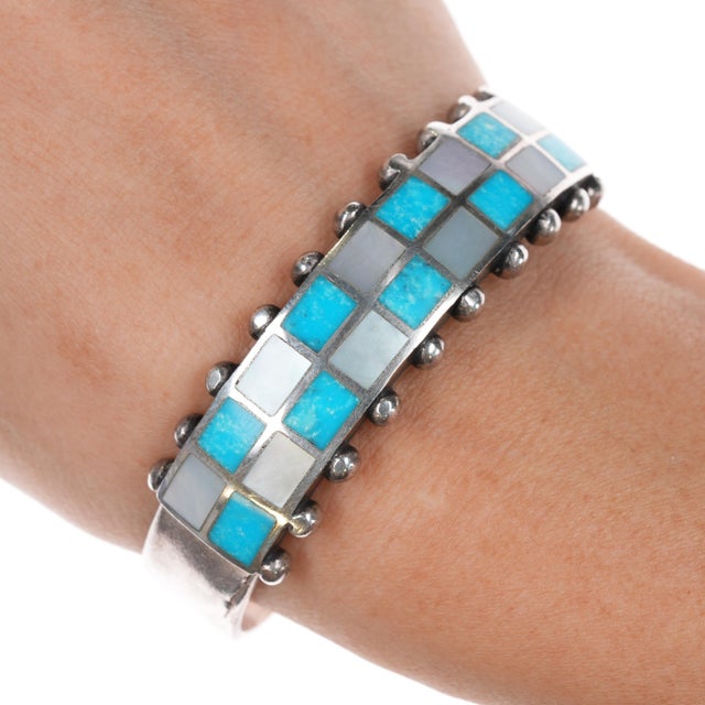 6 3/8" Vintage Zuni Checkered turquoise/shell channel inlay sterling cuff bracelet. Unmarked solid sterling silver with...