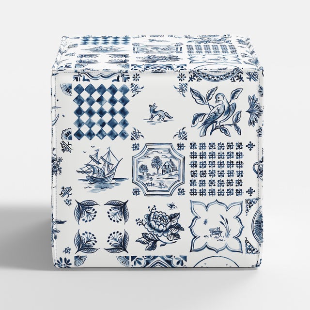 Spritely Home Saunders French Seam Ottoman in Delft Print For Sale - Image 4 of 5