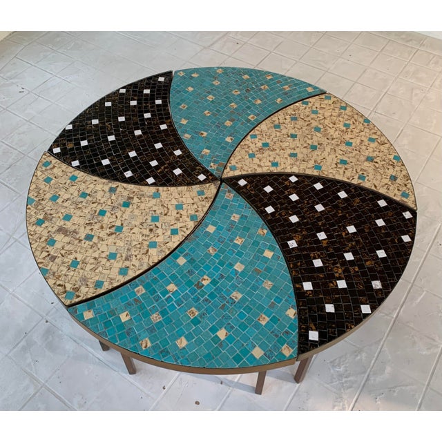 1950s vintage mosaic tile covered tubular brass modular coffee table in six pieces Blue, pale yellow and black tiles adorn...