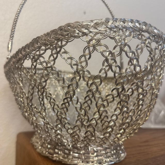 Mid-Century Modernist Woven Wirework Centerpiece Basket With Swing Handle For Sale - Image 4 of 7