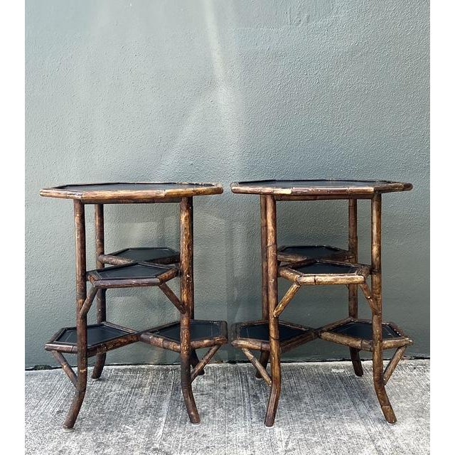 Vintage Octagon Burnt Bamboo Side Tables - A Pair For Sale - Image 4 of 12