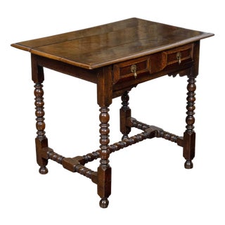 English Oak 19th Century Bobbin Legs Side Table with Geometric Font Drawer For Sale