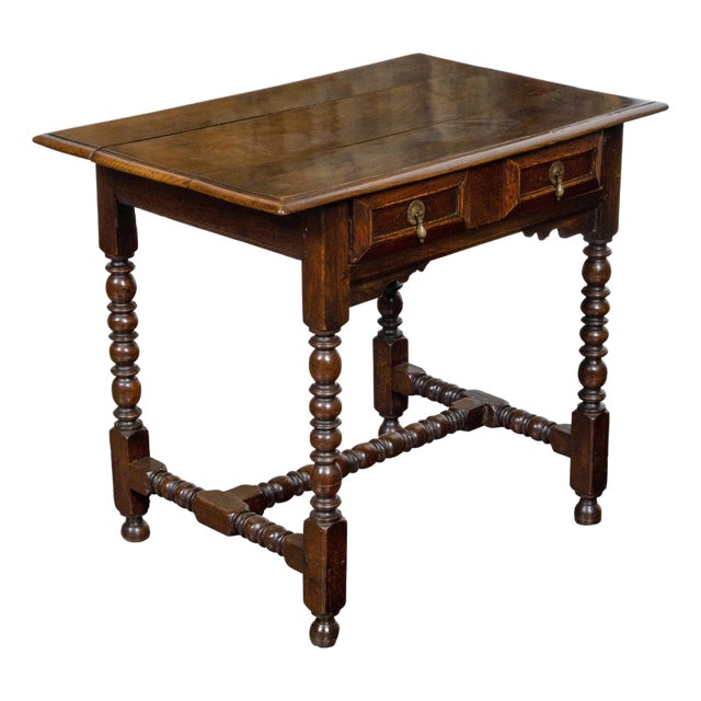 English Oak 19th Century Bobbin Legs Side Table with Geometric Font Drawer For Sale