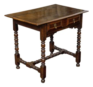 English Oak 19th Century Bobbin Legs Side Table with Geometric Font Drawer