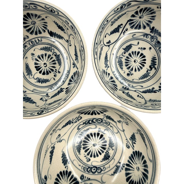 Modern Set of 6 Bat Trang Blue Vietnamese Stoneware Ceramic With Hand Painted Floral Motif For Sale - Image 3 of 8