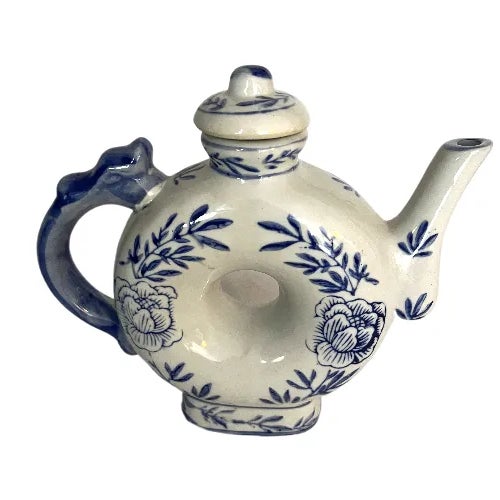 Vintage Chinoiserie Hand Painted, Donut shaped, Blue & White Floral Chinese Tea Pot with lid.