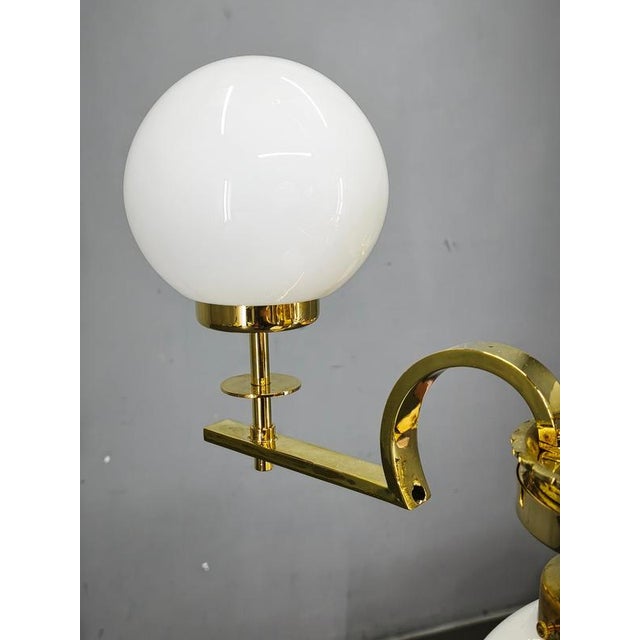 Vintage Art Deco Brass and Opaline Glass Globe Chandelier, Czechoslovakia, 1930s For Sale - Image 3 of 12