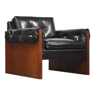 Walnut & Black Vinyl Mid-Century Modern Club Chair For Sale
