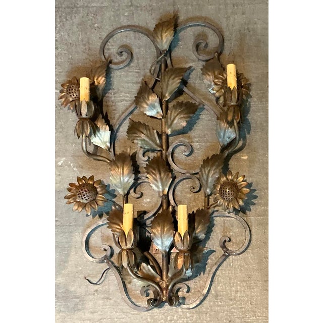 Gold Vintage Italian Tole Sunflower Light Sconces - A Pair For Sale - Image 8 of 9