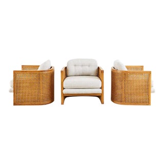 Set of Three Caned Oak Barrel Lounge Chairs For Sale