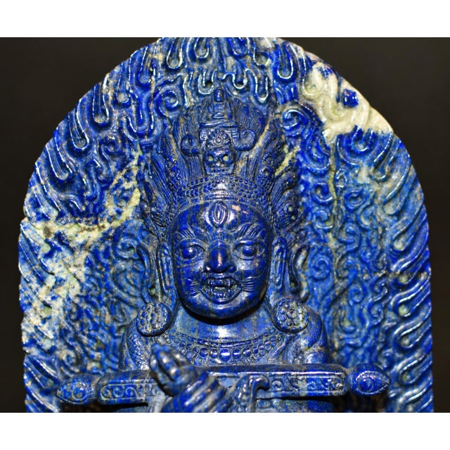 Finest Lapis Lazuli Tibetan Makahala Statue 9.5" Natural Gemstone Hand Carved For Sale - Image 9 of 14