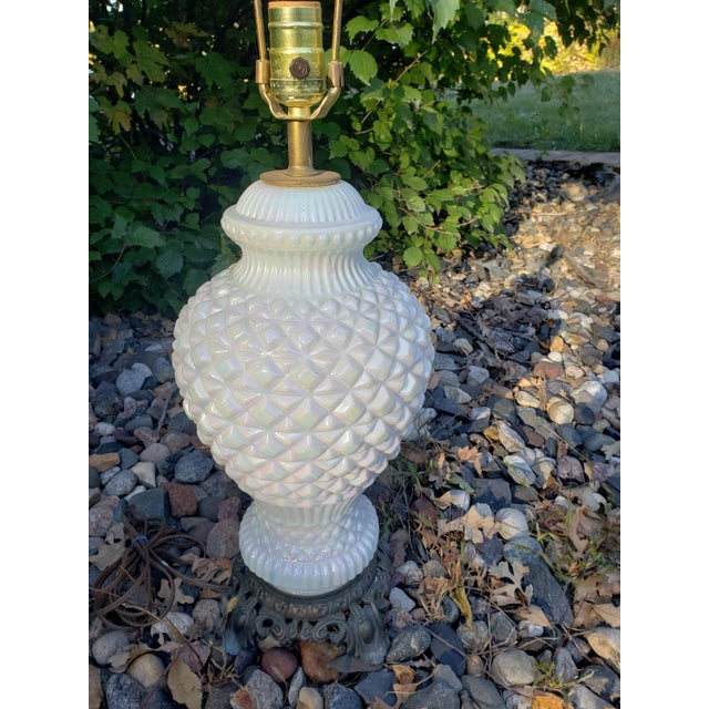 Mid 20th Century Mid 20th Century Accurate Casting Art Deco Hollywood Regency Glass Lamp Iridiscent Milk White Diamond Cut For Sale - Image 5 of 9