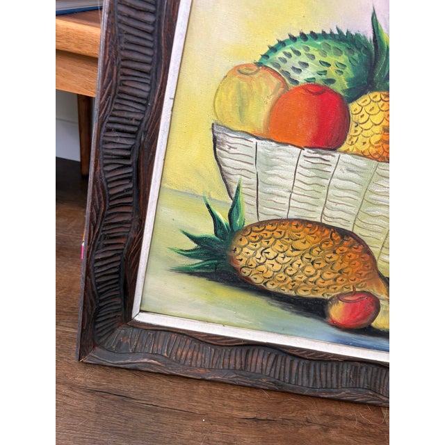 Vintage Original & Signed Tropical Fruit Still Life Oil Painting in Hand Carved Wood Frame For Sale - Image 4 of 14