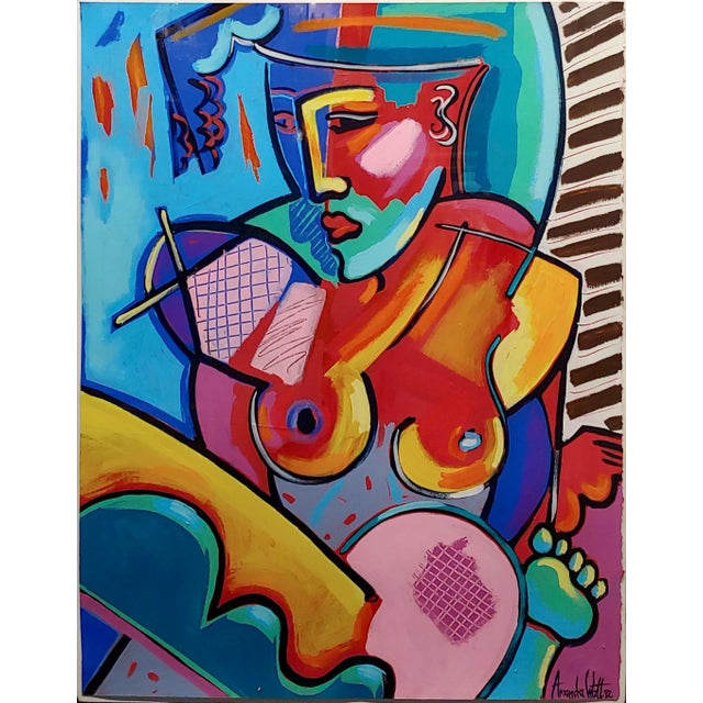 Paper 1990s Vintage Cubist Seated Nude Female Oil Painting Amanda Watts For Sale - Image 7 of 7