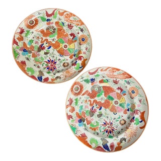 Pair 18th-Century Chinese Export Pseudo Tobacco Leaf Soup Plates For Sale