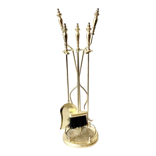 Vintage Solid Polished Brass 5-Piece Fireplace Tool Companion Set For Sale