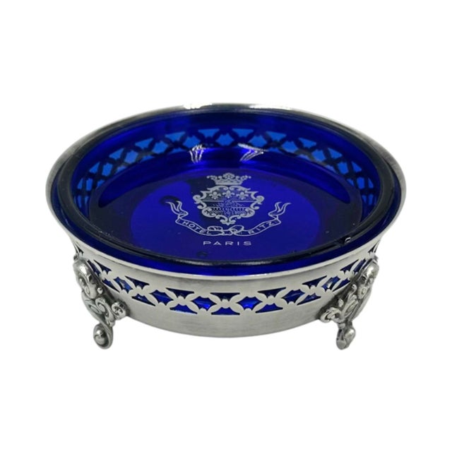 Vintage Ritz Paris Hotel Cobalt Blue Glass Dish Silver Stand Ashtray France For Sale - Image 13 of 13