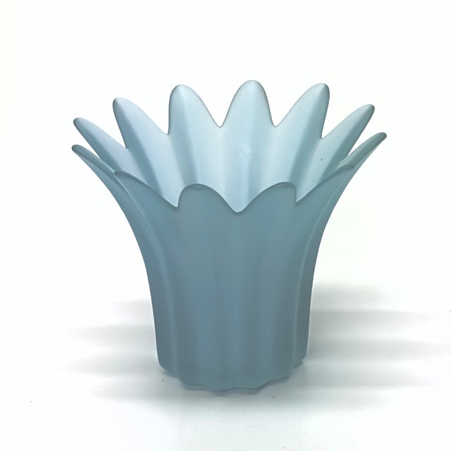 Mid-Century Modern Frosty Blue & Lilac Glass Flower Vessels - Group of 3 For Sale - Image 3 of 10