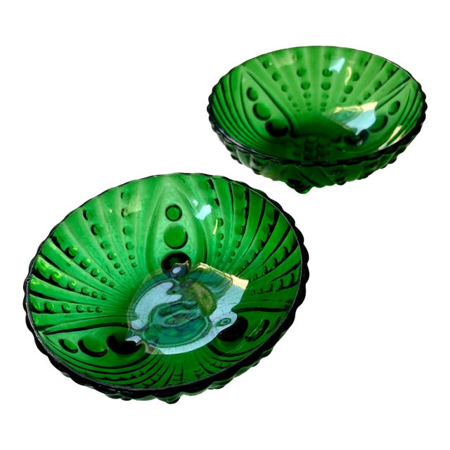 Pair of Vintage Emerald Green Footed Bubble Glass Bowls Circa 1940s For Sale