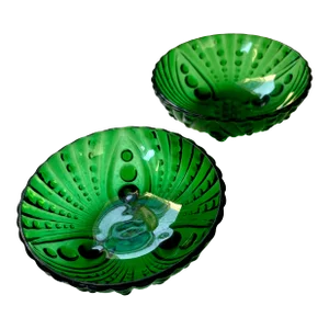 Pair of Vintage Emerald Green Footed Bubble Glass Bowls Circa 1940s