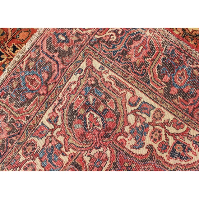 Vintage Heriz With Large Medallion in Soft Red, Navy Blue, Light Blue and Cream Colors For Sale - Image 12 of 13