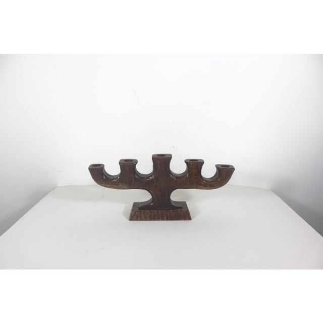 1940s Vintage Carved Wood Candelabra Handmade Wooden Candle Holder Scandinavian Folk Art For Sale - Image 5 of 10