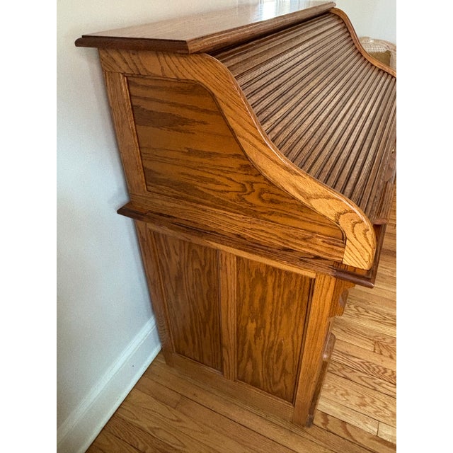 Mid 20th Century Arts & Crafts Raised Panel Oak S Roll Top Desk on Casters For Sale - Image 6 of 12