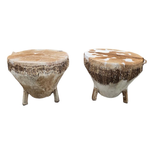 Vintage African Tribal Cowhide Drum Side Tables - Set of 2 For Sale