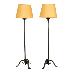 Gothic Revival Style Pair of Forged Iron Torchiere Floor Lamps
