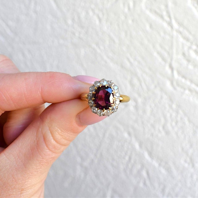 Antique Belle Époque Ring 18k Gold - 2.5ct Rubellite Garnet & 1ct Old Cut, Size 6.5 For Sale - Image 9 of 9
