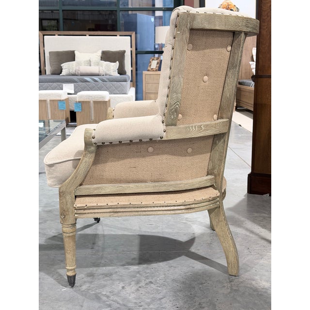 Transitional Sarreid Irish Tufted Linen Accent Armchair With Casters For Sale - Image 3 of 10