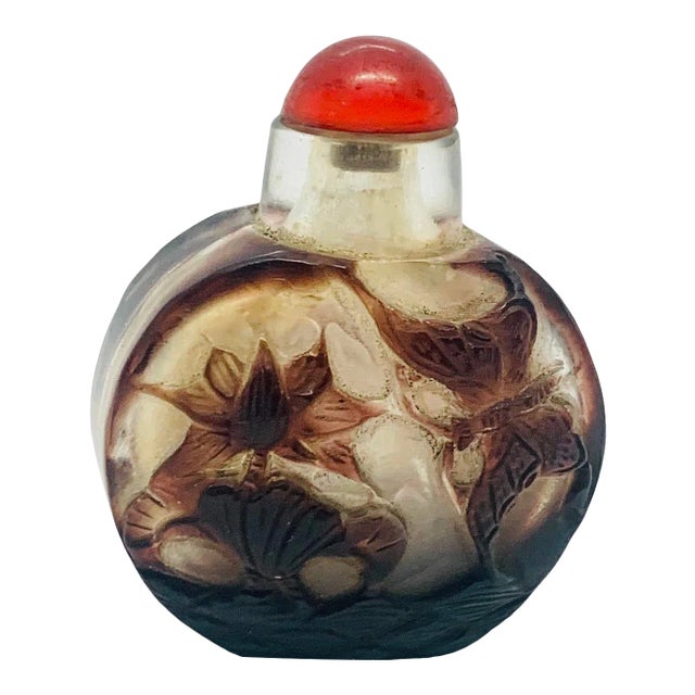 Early 20th Century Antique Chinese Carved Overlay Peking Glass Snuff Bottle For Sale