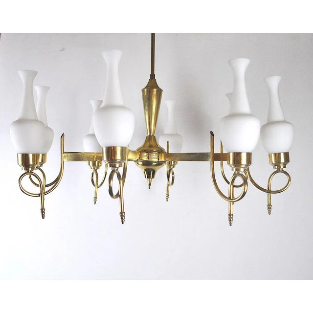 1950s Mid-Century Brass and Opaline Glass Chandelier, 1950s For Sale - Image 5 of 15