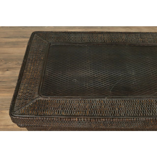 Chocolate Chinese Antique Large Rattan Basket Coffee Table with Dark Brown Patina and Lid For Sale - Image 8 of 13