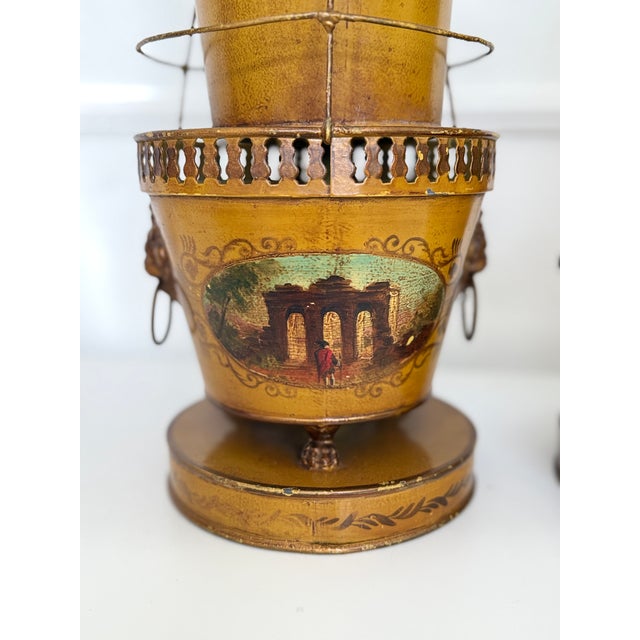 Pair of Antique French Tole Tulipieres With Hand-Painted Scenic Panels For Sale - Image 16 of 17