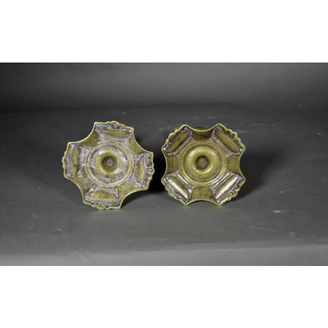 English Brass Candlesticks With Petal Base- Pair For Sale - Image 4 of 5