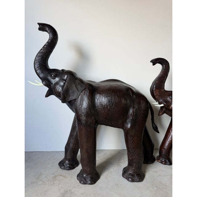 Vintage Safari Style Oversized Leather Elephant Sculptures With Raised Trunks – A Pair For Sale - Image 11 of 18