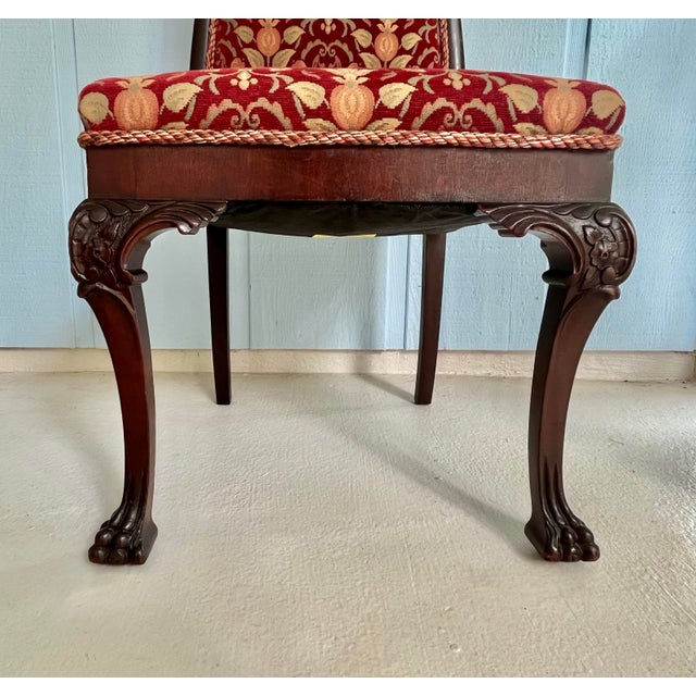 C. 1870 Antique American Victorian Rococo Revival Mahogany Parlor Chair With Carved Crest, Ball-and-Claw Feet, Tapestry Upholstery For Sale - Image 4 of 13