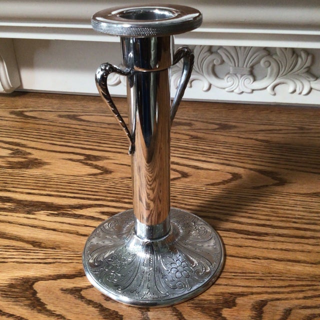 Metal Arts and Crafts Candle Holder Silver Plated by Vintage Rogers Hand Engraved For Sale - Image 7 of 13