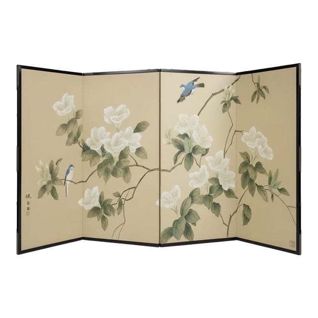 Chinoiserie Asian Hand Painted Magnolia & Bird Four Panel Folding Screen Room Divider For Sale